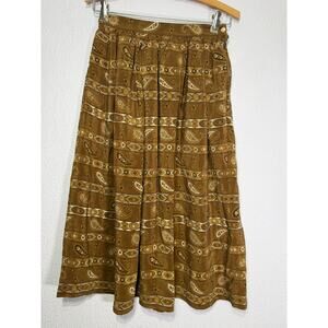 Vintage Paisley Midi Silk Skirt S Earthy Brown Boho Indie 90s Y2K Cottagecore